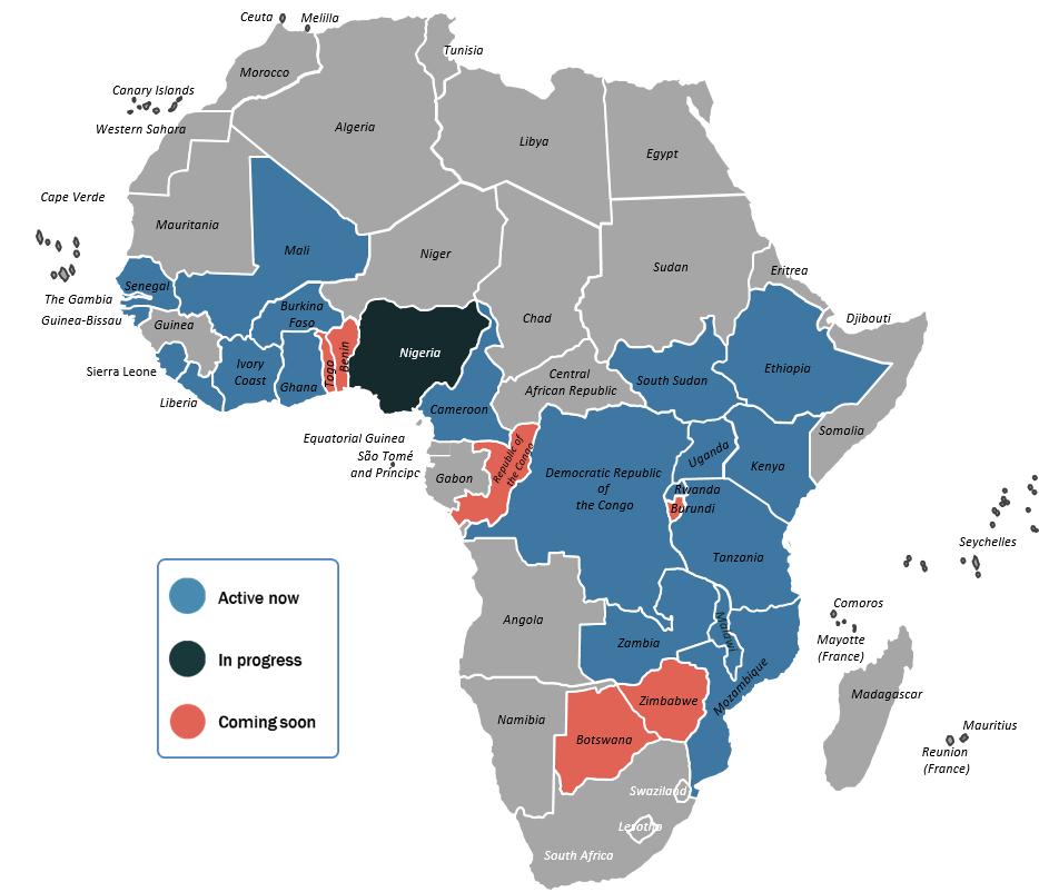 Country coverage includes Cameroon, DRC, Ethiopia, Ghana, Guinea-Bissau, Kenya, Liberia, Malawi, Mozambique, Rwanda, Sierra Leone, South Sudan, Tanzania, Gambia, Uganda, Zambia, Senegal, Burkina Faso, Mali, Ivory Coast