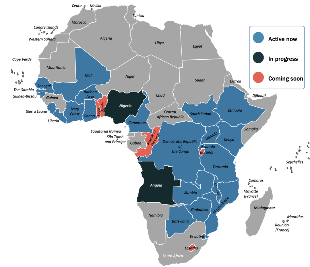 Country coverage includes Cameroon, DRC, Ethiopia, Ghana, Guinea-Bissau, Kenya, Liberia, Malawi, Mozambique, Rwanda, Sierra Leone, South Sudan, Tanzania, Gambia, Uganda, Zambia, Senegal, Burkina Faso, Mali, Ivory Coast, Angola, Eswatini