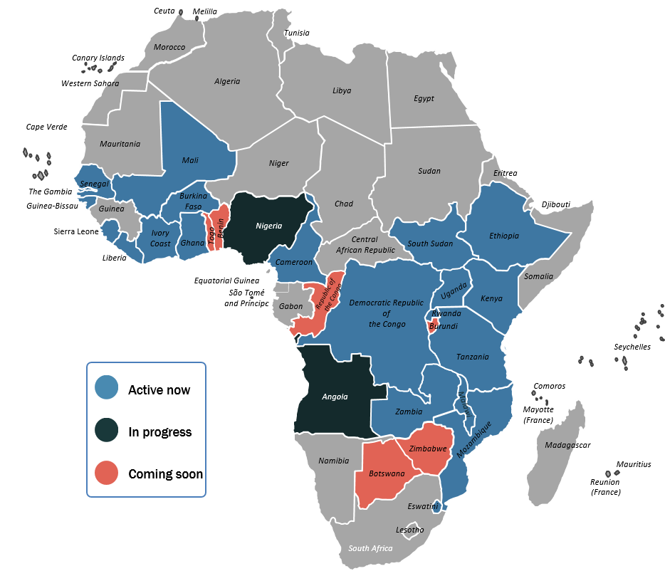 Country coverage includes Cameroon, DRC, Ethiopia, Ghana, Guinea-Bissau, Kenya, Liberia, Malawi, Mozambique, Rwanda, Sierra Leone, South Sudan, Tanzania, Gambia, Uganda, Zambia, Senegal, Burkina Faso, Mali, Ivory Coast, Angola, Eswatini